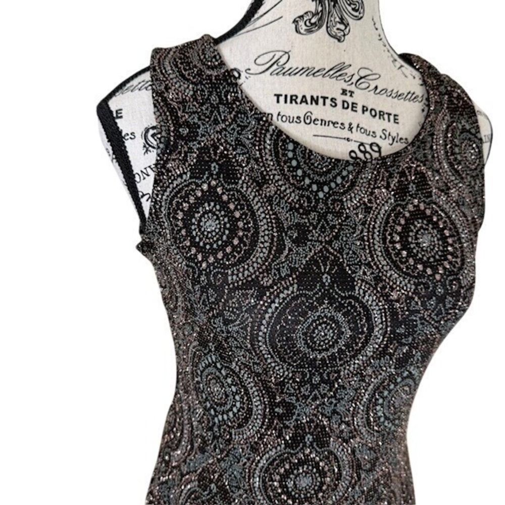 Glitter Paisley Sleeveless Midi Sheath Dress Petite Small Black Holiday Party - Picture 4 of 8
